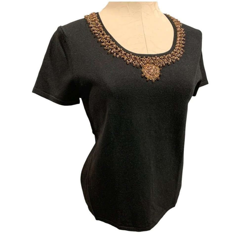 Medium Willi Smith Women's Black Silk Blend Embellished Short Sleeve Sweater